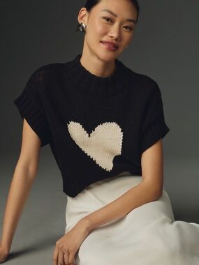 Maeve Black Knit Short Sleeve Sweater with White Heart